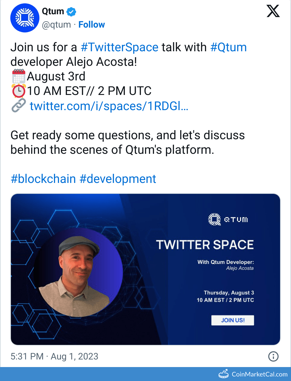 Qtum(QTUM) Twitter Spaces at August 3, UTC | CoinCarp