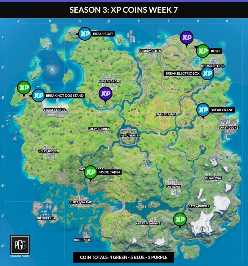 All XP Coin locations Fortnite Chapter 2 Season 5 Week 10 - Green, Blue, Purple, and Gold - Gamepur