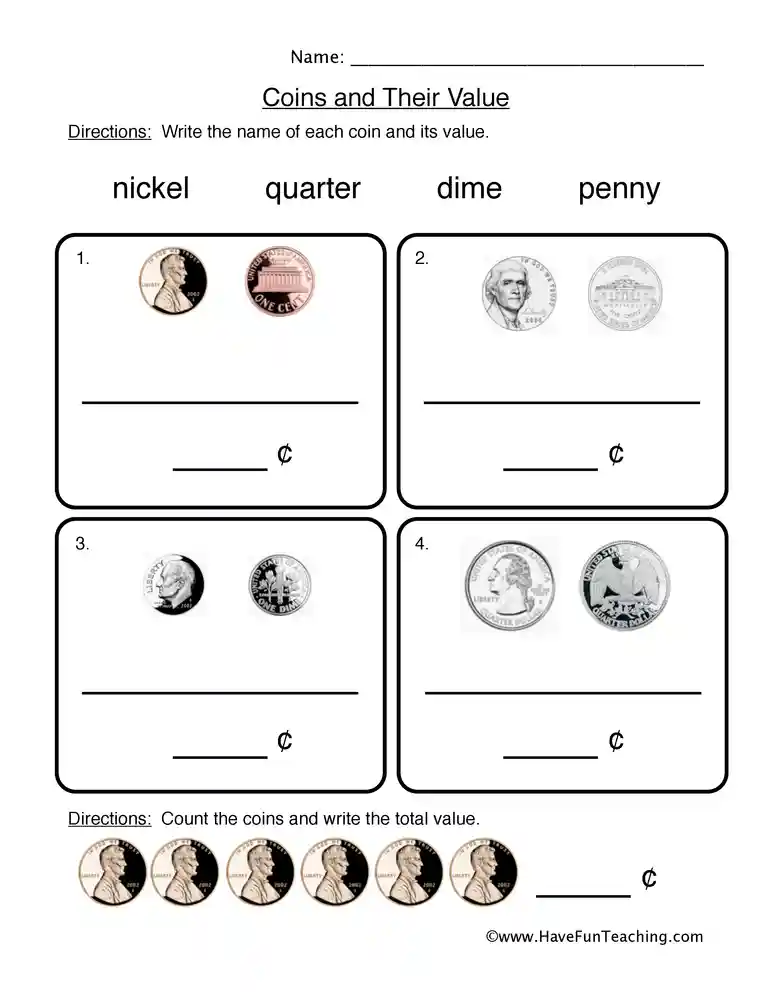 Coin Names and Value Worksheets | All Kids Network