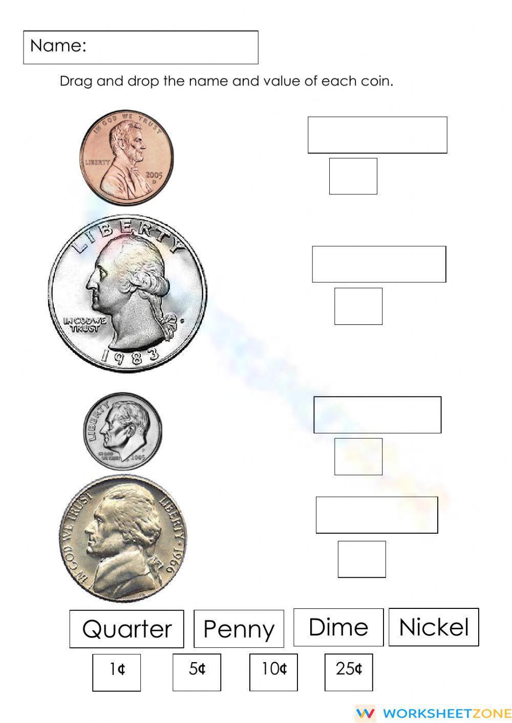 Coin Name & Value Worksheets | Quarter, Dime, Nickel & Penny Facts