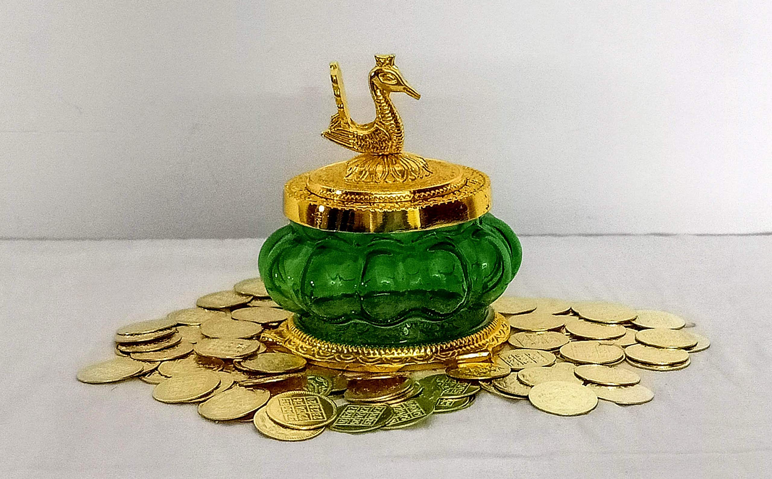 pujacelebrations , Kubera Lakshmi Pot with Coins, Brass Coins with Gold Polish