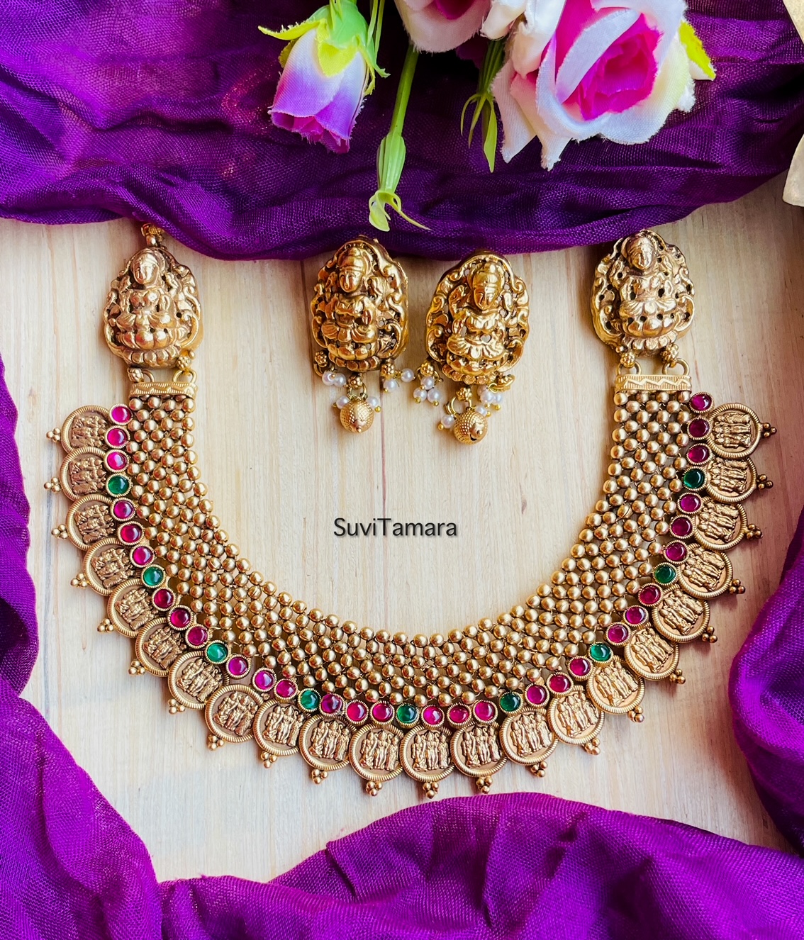 Temple Lakshmi Coin Necklace Set - South India Jewels