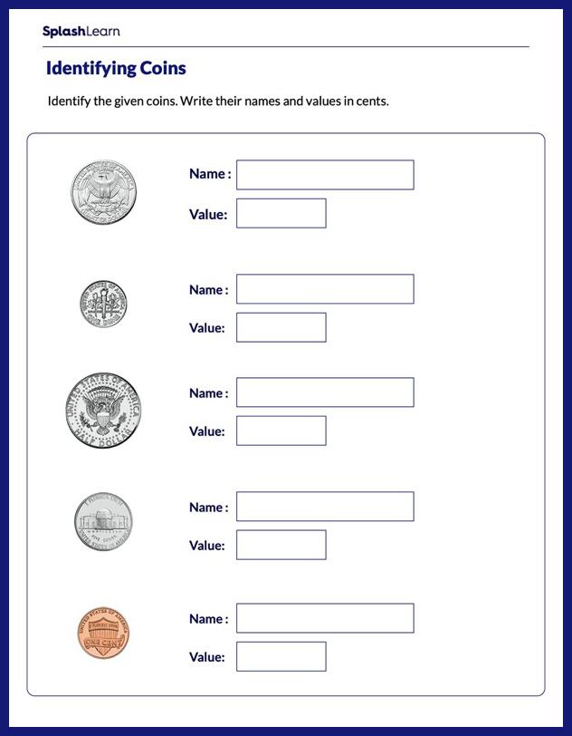 Worksheets: Identifying Coins (USA)