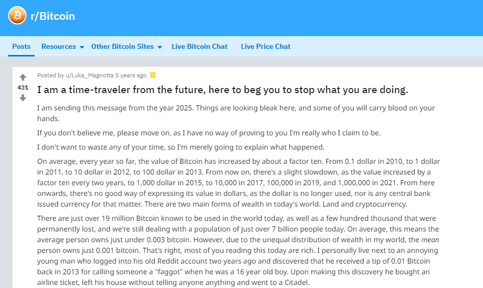 Bitcoin: I am a time-traveler from the future, here to beg you to stop () | Hacker News