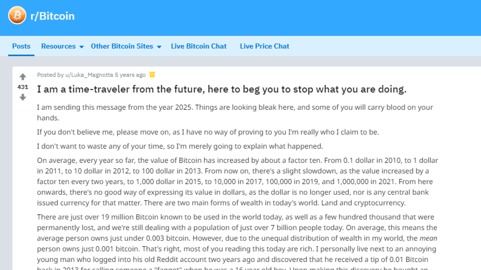 Bitcoin: I am a time-traveler from the future, here to beg you to stop () | Hacker News