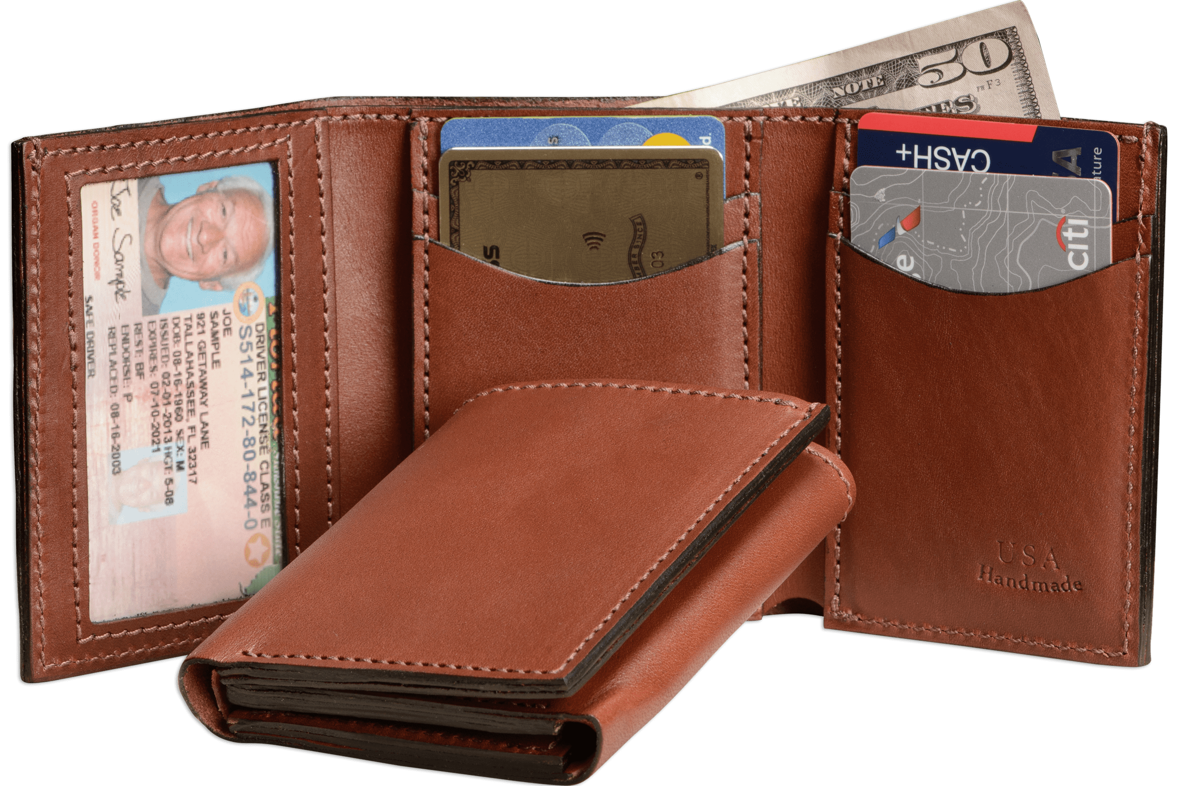 Trifold wallets with ID & credit card pockets.