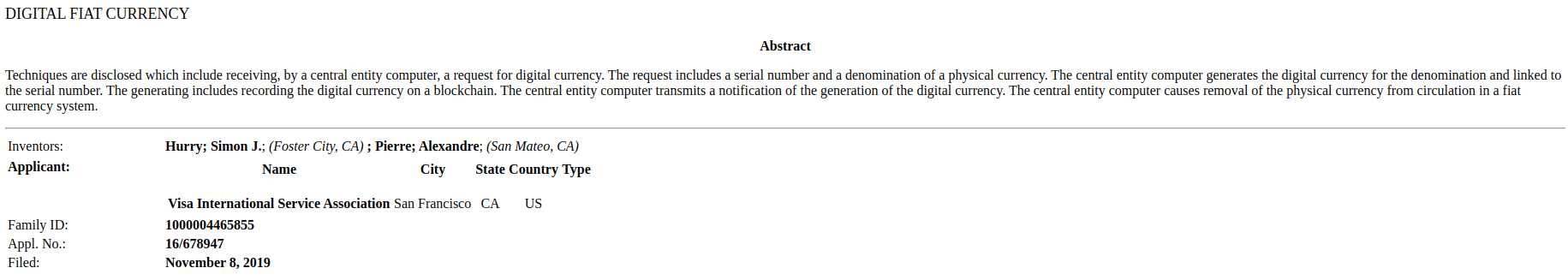 Visa files digital currency patent in US